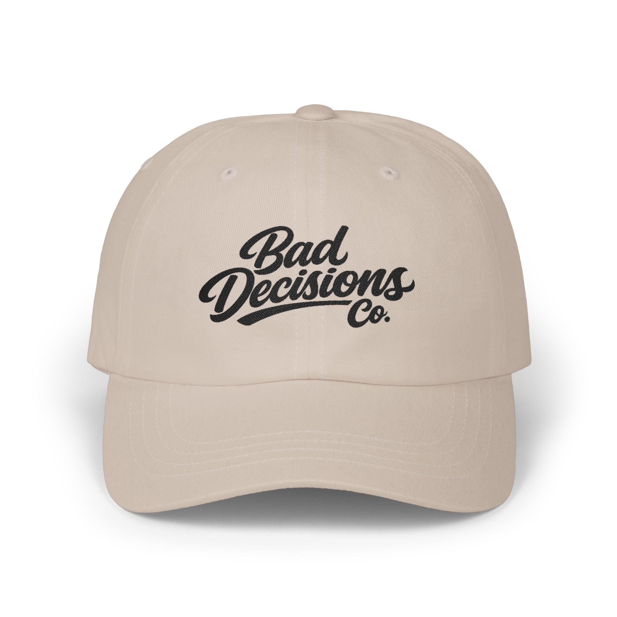 Bad Decisions Co. Classic Dad Cap — Embroidered Retro Script Baseball Hat