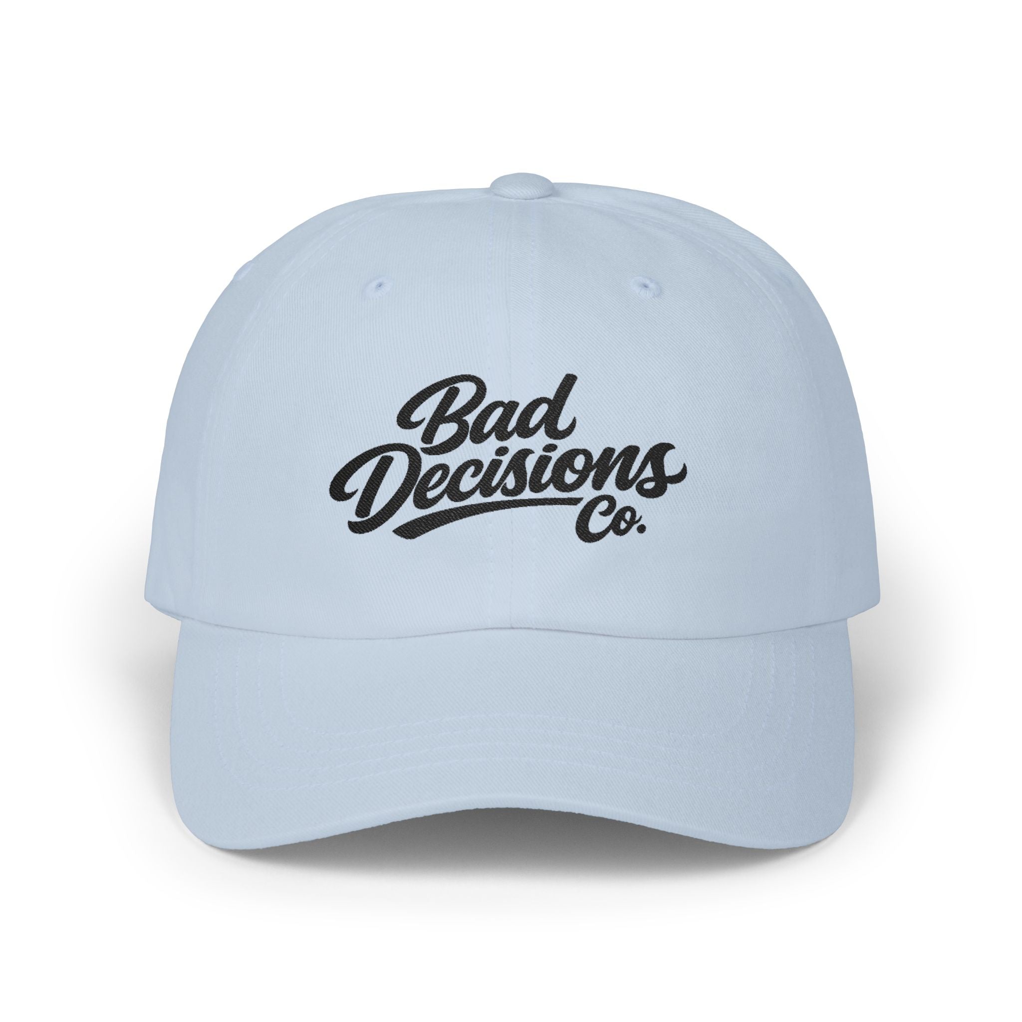 Bad Decisions Co. Classic Dad Cap — Embroidered Retro Script Baseball Hat